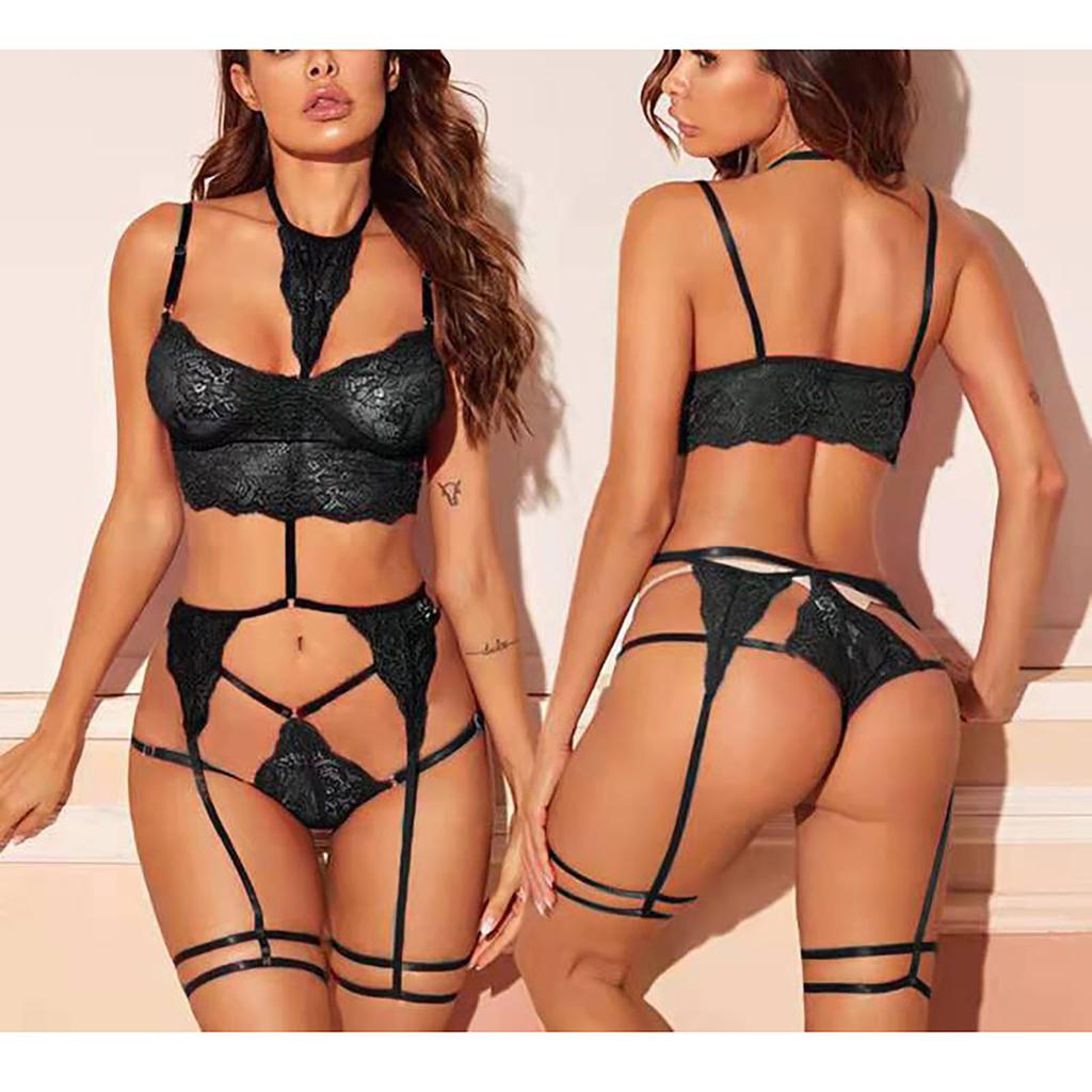3 Piece Women Garter Belt Lingerie Set Strappy See Through Lace Halter Neck High Waist Underwear Set Black XL