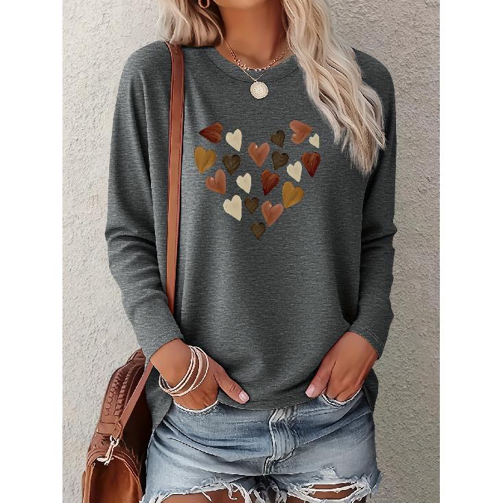 Women's Simple Heart-Shaped Combination Love Print One-piece Casual Long-sleeved Elegant Summer Top Fashionable and Cute T Vintage Loose-fitting
