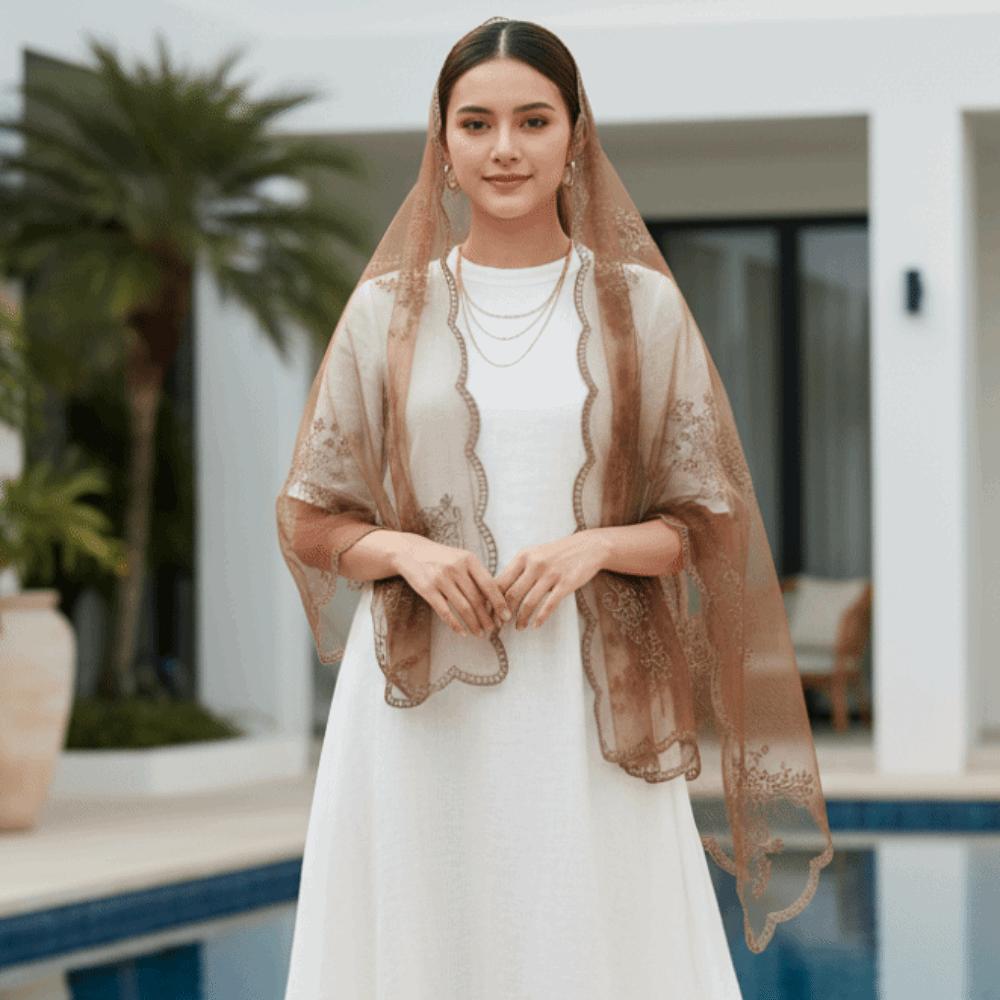 Embroidered Floral Headwrap Lightweight Long Lace Scarf Mesh Stole Summer Hijab Elegant Lady