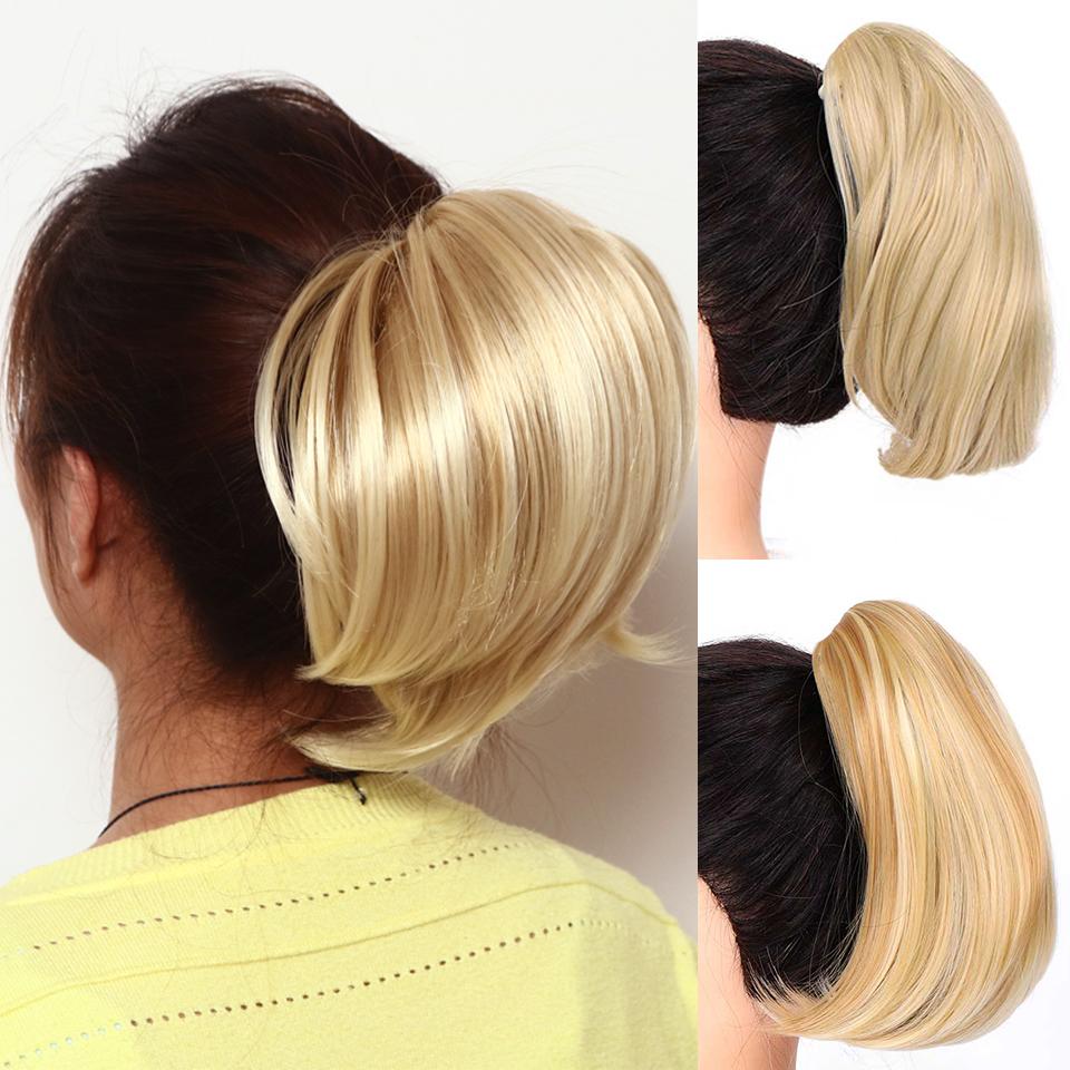 Short Straight Claw On Ponytail for Women Synthetic Straight Ponytail Hairpiece Brown Blonde Hairstyle