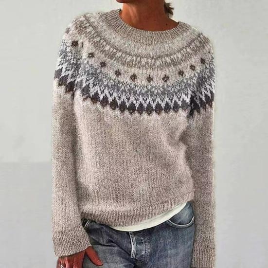 Women Sweater Round Neck Long Sleeve Patchwork Color Knitting Tops Loose Hem Printed Knitwear Winter Wear