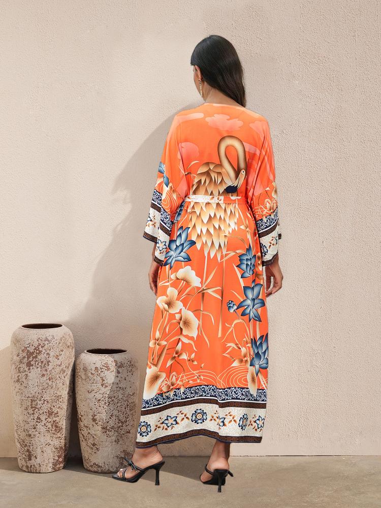 EDOLYNSA 2024 Bikini-Vertuschungen, rosa, Boho-Druck, selbstgürtelnd, vorne offen, langes Kimono-Kleid, Strand-Tunika, Damen-Badeanzug-Vertuschung