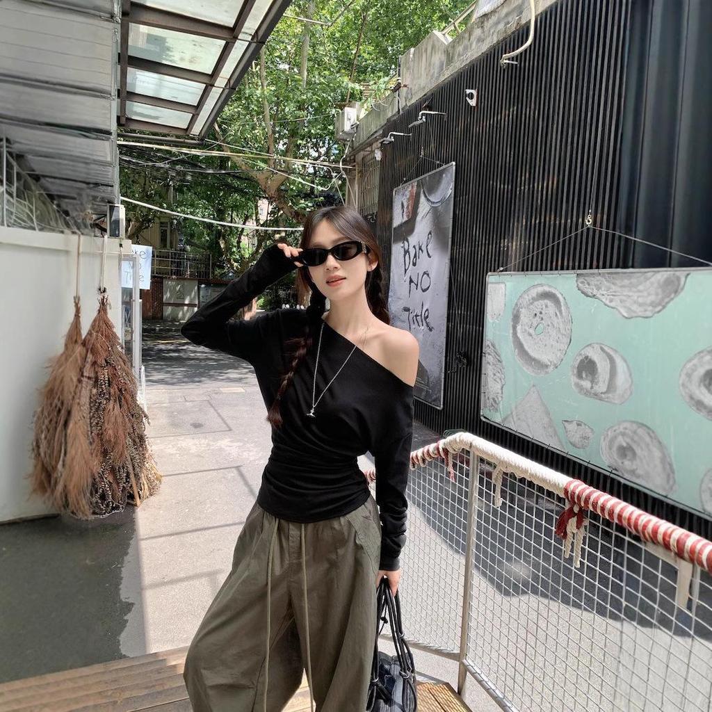 Süß & Würzig Off-Shoulder Langarm-T-Shirt - Slim Fit Herbst-Basisschicht für Damen