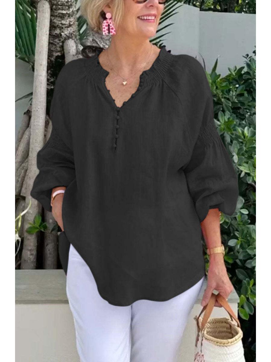 2026 Spring/Summer Women s V-Neck Cotton Linen Long-Sleeve Casual Top 2XL чёрный
