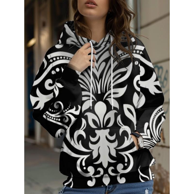 Womens Oversized Hooded Long Sleeve Sweatshirt With Floral Plaid Print Comfortable Breathable Casual Top