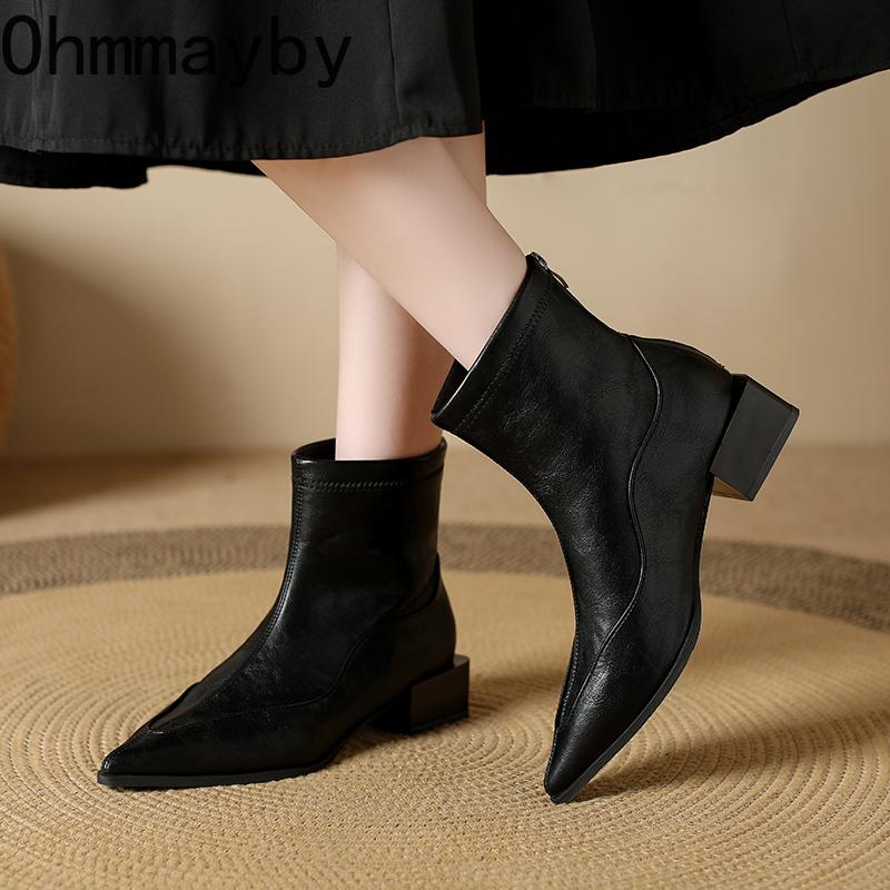 Winter Pointed Toe Thick Heels Women Ankle Boots Fashion Short Plush Shoes Female Vintage Slim Short Booties  De Muje
