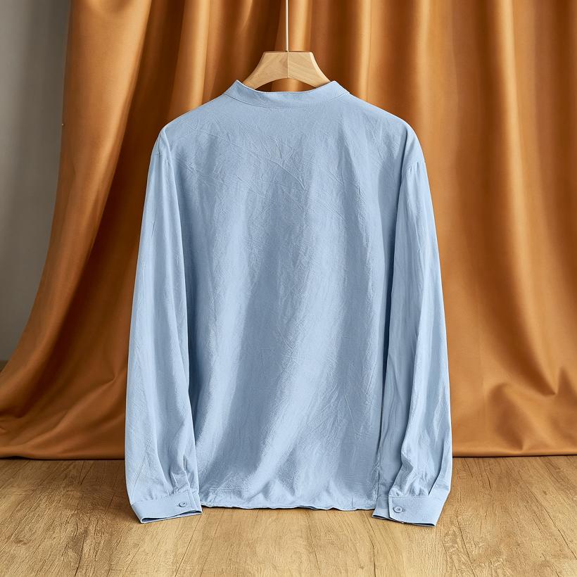 Loose Men's Linen Long Sleeve Shirt Casual Stand Collar Top Color Men's Casual Shirt Comfortable Breathable Summer Wear