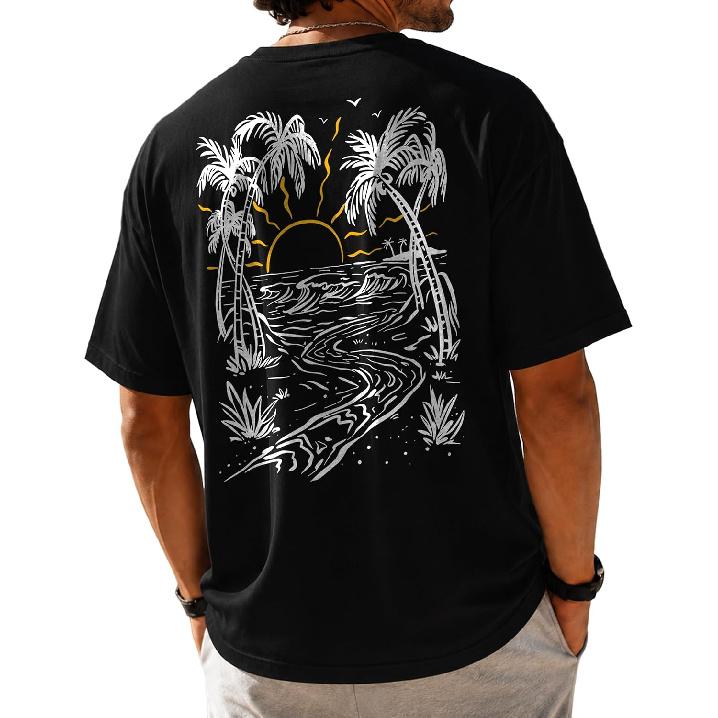 Herren Tropical Beach Grafik T-Shirt Palme Sonnenuntergang Tee