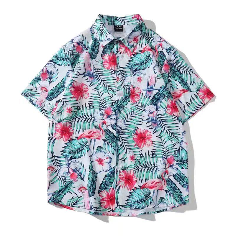 Uniseksowa letnia koszula z krótkim rękawem w kwiaty - Podróż Hainan Sanya i casualowy styl hongkoński