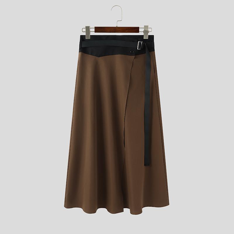

INCERUN Men Women Patchwork High Waist Belt Casual Ruffled Pleated Skirts 5XL коричневий