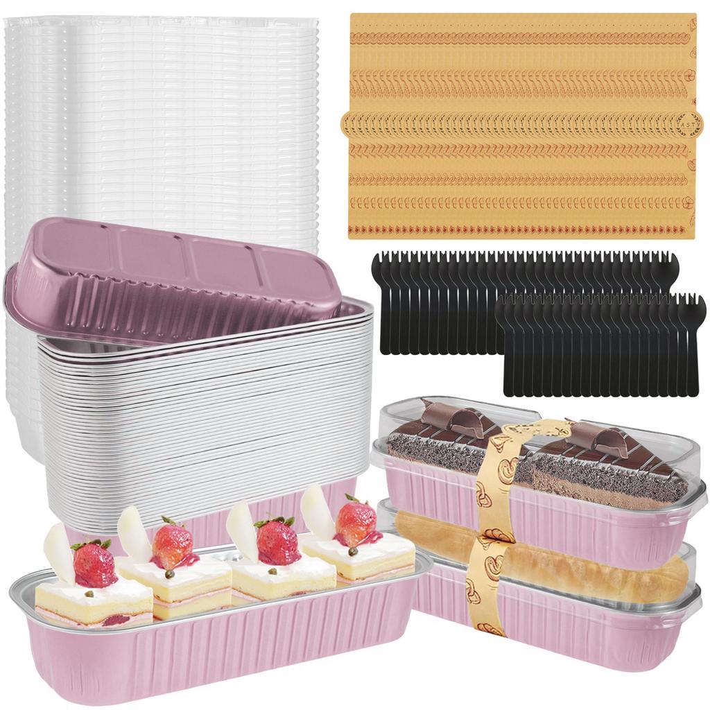 100PC Mini Loaf Pans With Lids Aluminum Foil Baking Pans Tins Containers Disposable Muffin Tins Cupcake Cups Kitchen Accessories