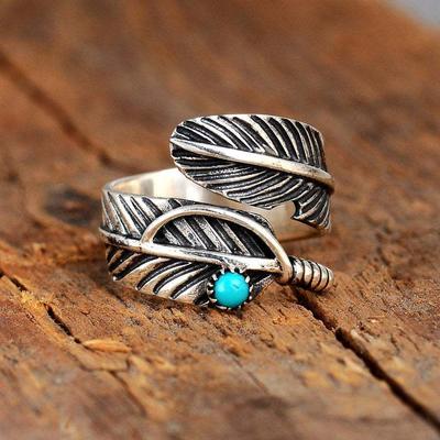 Independent Station Turquoise Ring Fashion Vintage Feather Thai Silver Opening Men's and Women's Rings Spot