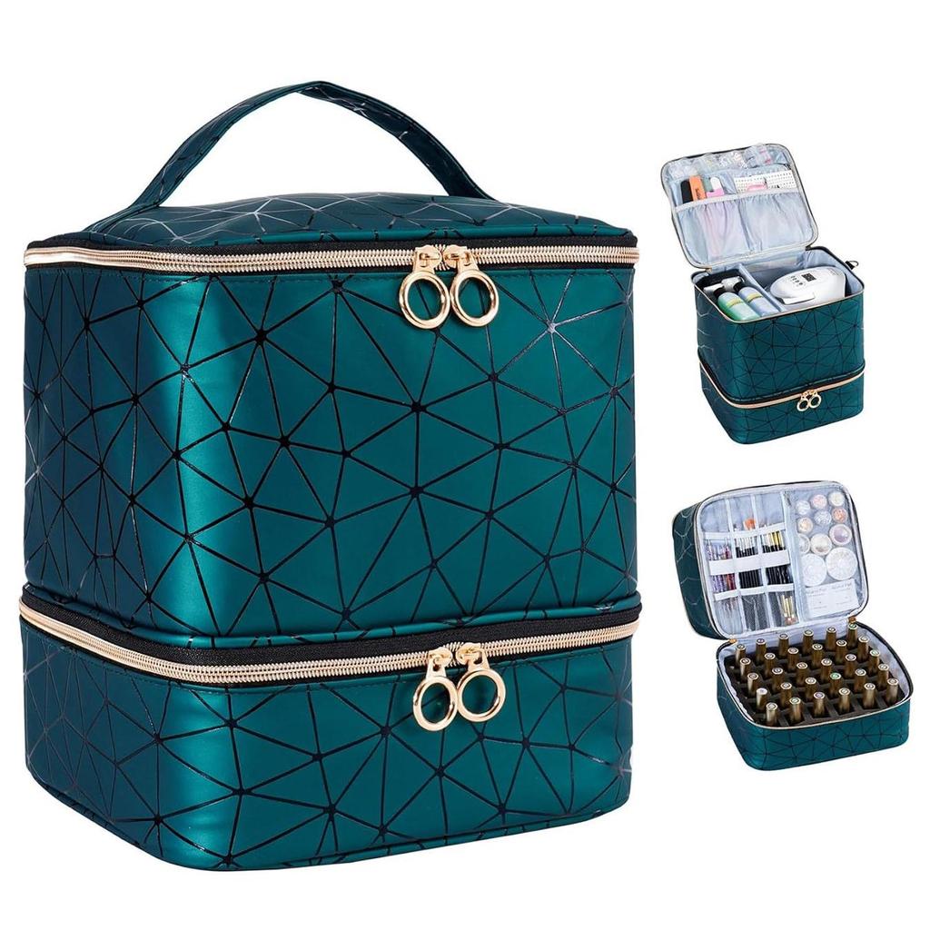 Double-Layer Makeup and Nail Polish Storage Bag - Holds 30 Bottles, Fashionable Large Capacity Handbag for Manicure Tools.