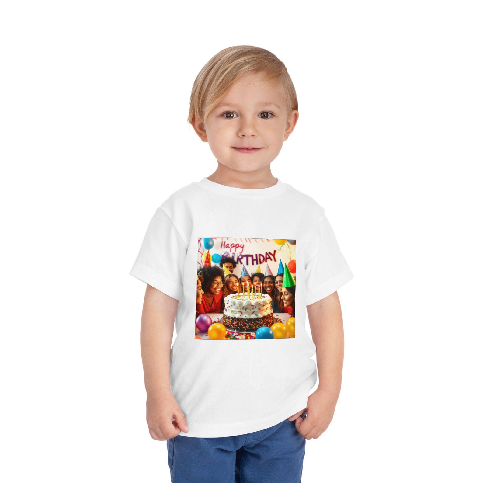 Happy Birthday Kids Cake Party Toddler Tee | Colorful Balloons & Candles 130