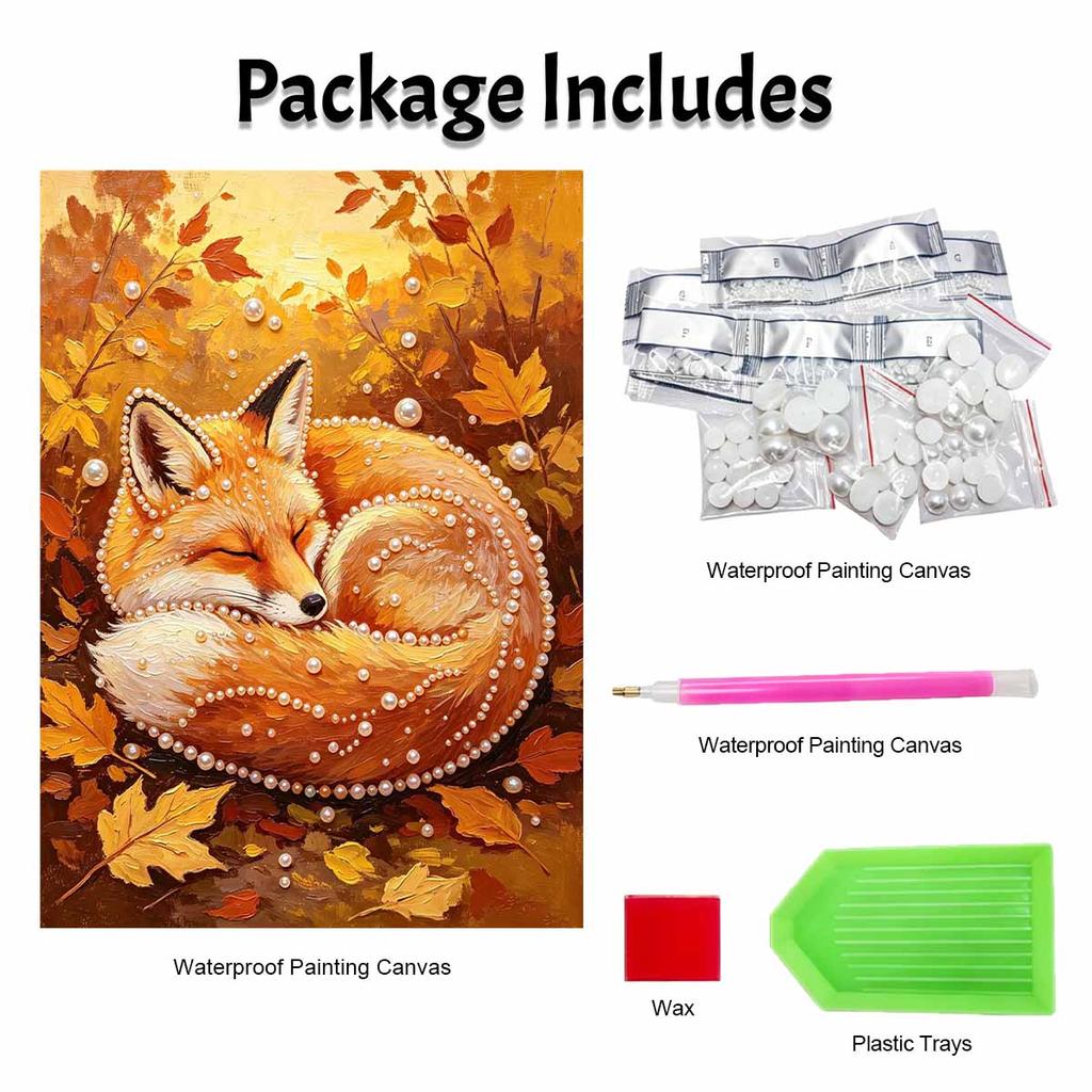 Sleeping Fox Autumn 5D Pearl Painting Kit with Frame DIY Sparkling Bead Canvas Art Relaxing Craft for Girls Room Decor Home Wall Art