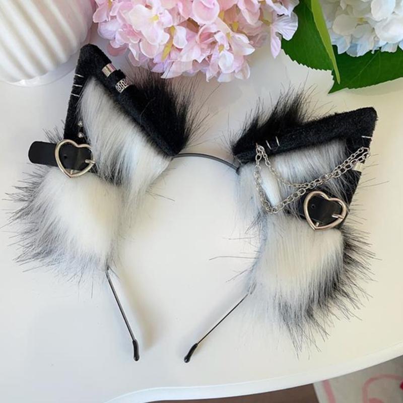 Anime Theme Gatherings Cat Ear Headband with Alloy Earring Movie Enthusiasts Plush Wolf Headband for Teenagers Adult