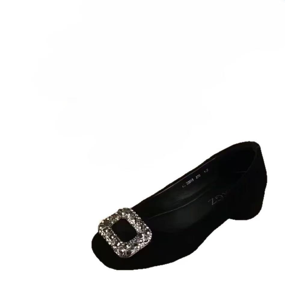 Square head low-heeled single shoes women's commuting new autumn women's shoes shallow mouth rhinestone square buckle not tired feet thick heel shoes