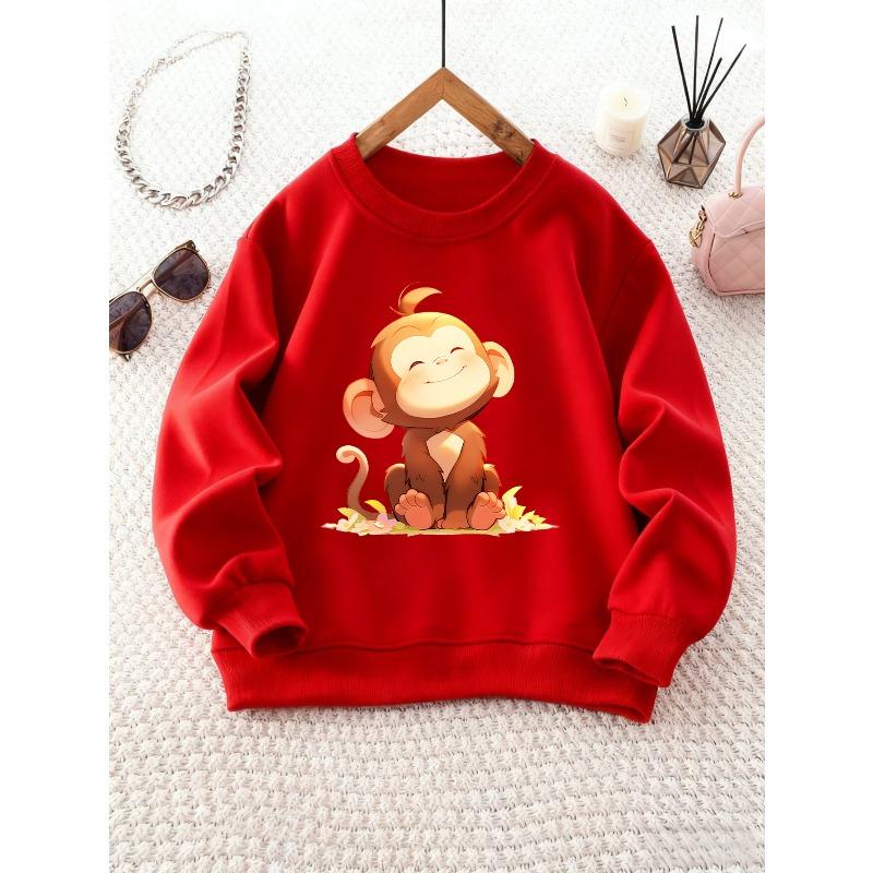 Unisex Round Neck Sweatshirt with Cute Cartoon Monkey Print, Sporty Casual Style, Suitable for Camping Wear
