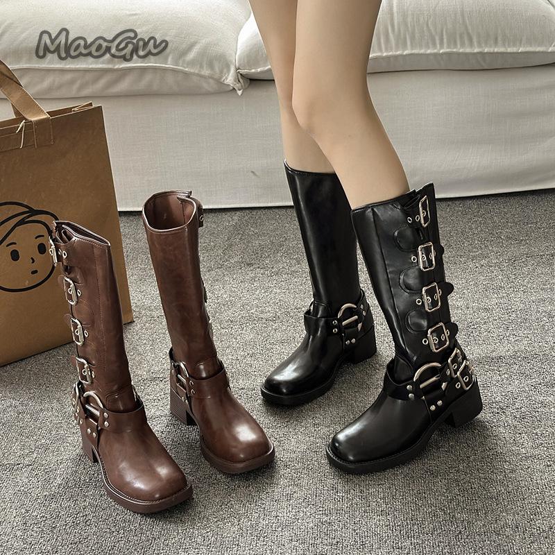 Fashion Brown Black Knee High Boots for Women 2025 Autumn Winter Leather Western Cowboy Long Knight Boots Buckle Straps Mid-Calf Botas