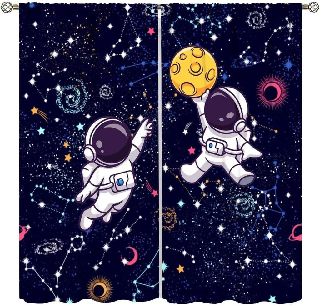 Kids Outer Space Rocket Curtains Cartoon Universe Galaxy Starry Sky Cosmos Boys Girls Study Room Bedroom Curtain For Master Made Of Polyester