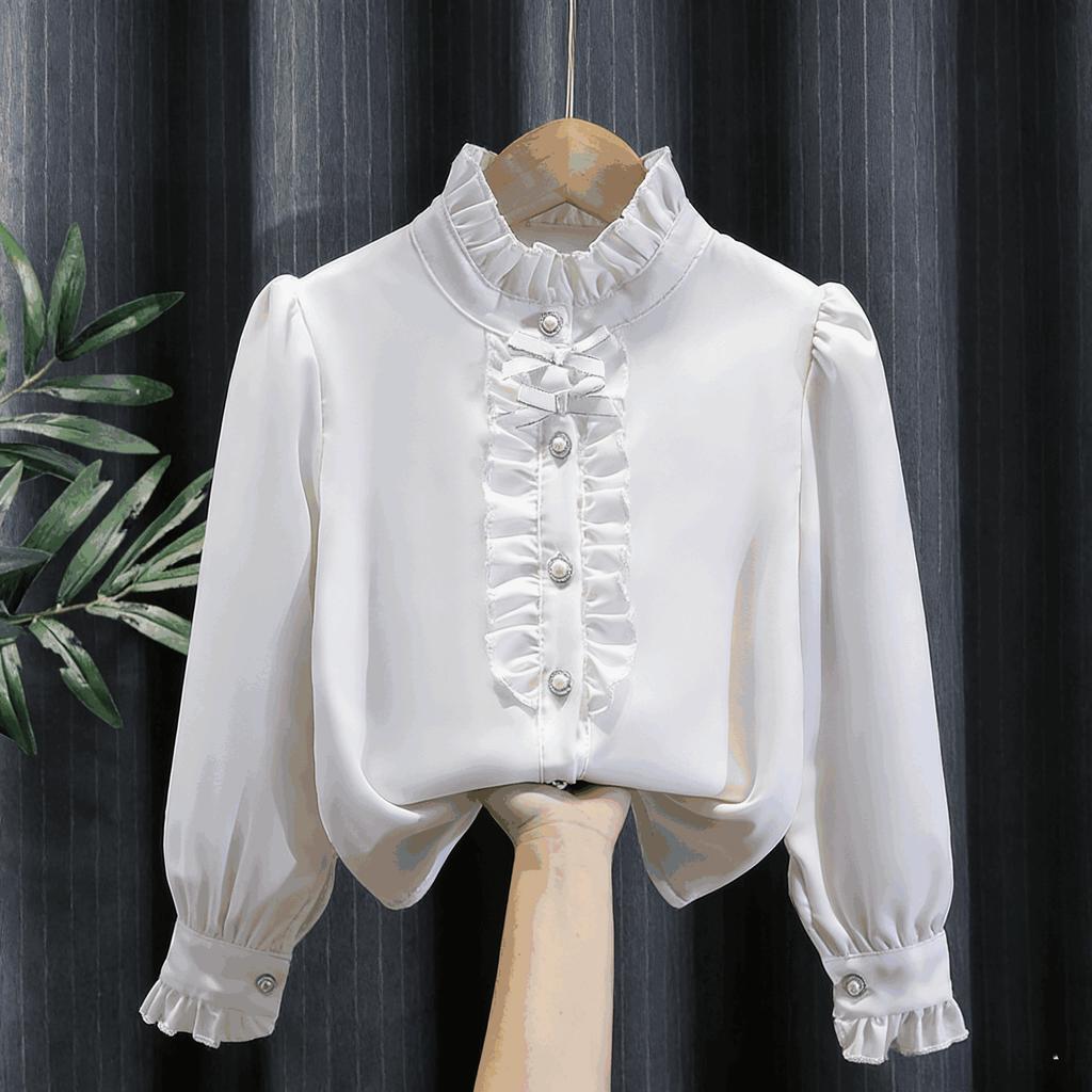 Girls White Blouse Long Sleeve Ruffle Lace Trim Viscose Shirt Children Student Class Uniform Schoolwear Spring Autumn Kids Top Fashion Design Layering