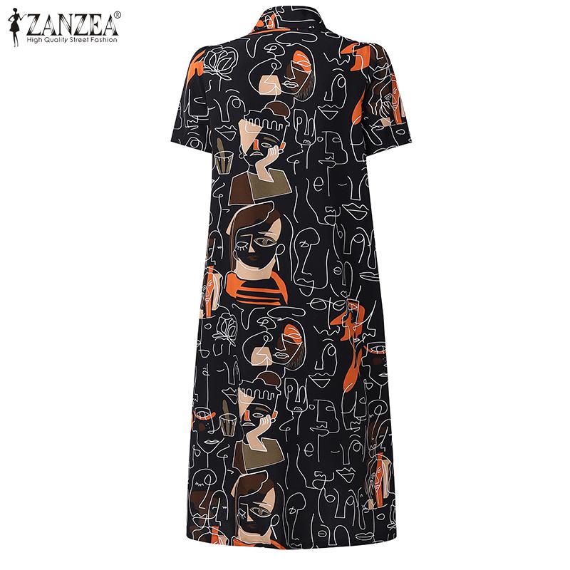 ZANZEA Women Casual Turn Down Collar Short Sleeve Print Dress
