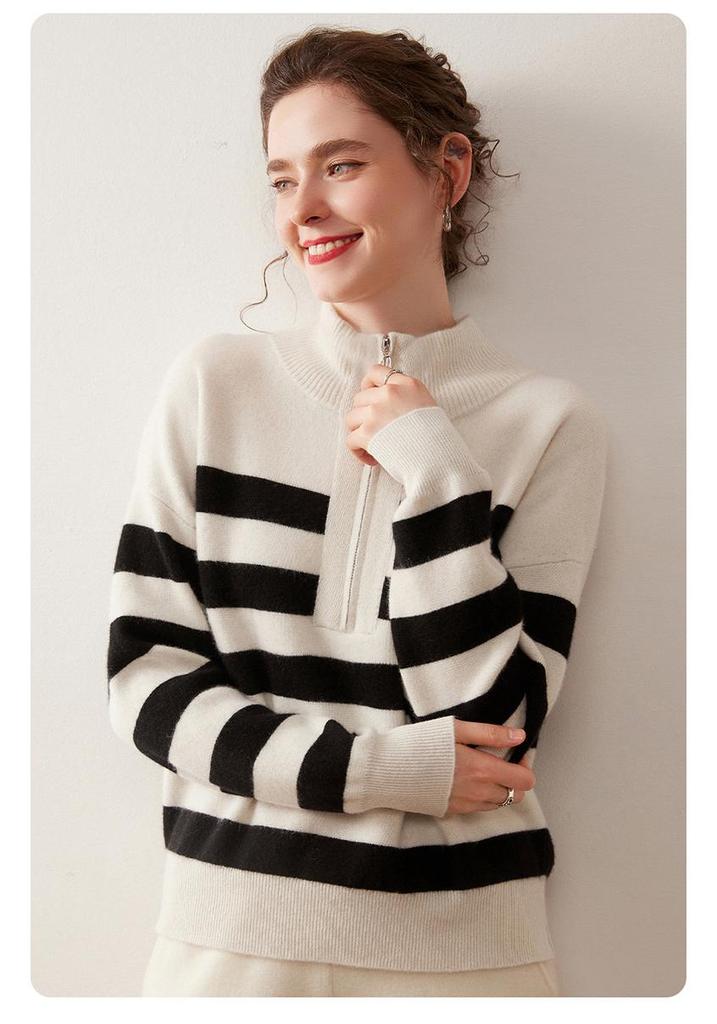 Women's Striped High-Neck Cashmere Half-Zip Sweater