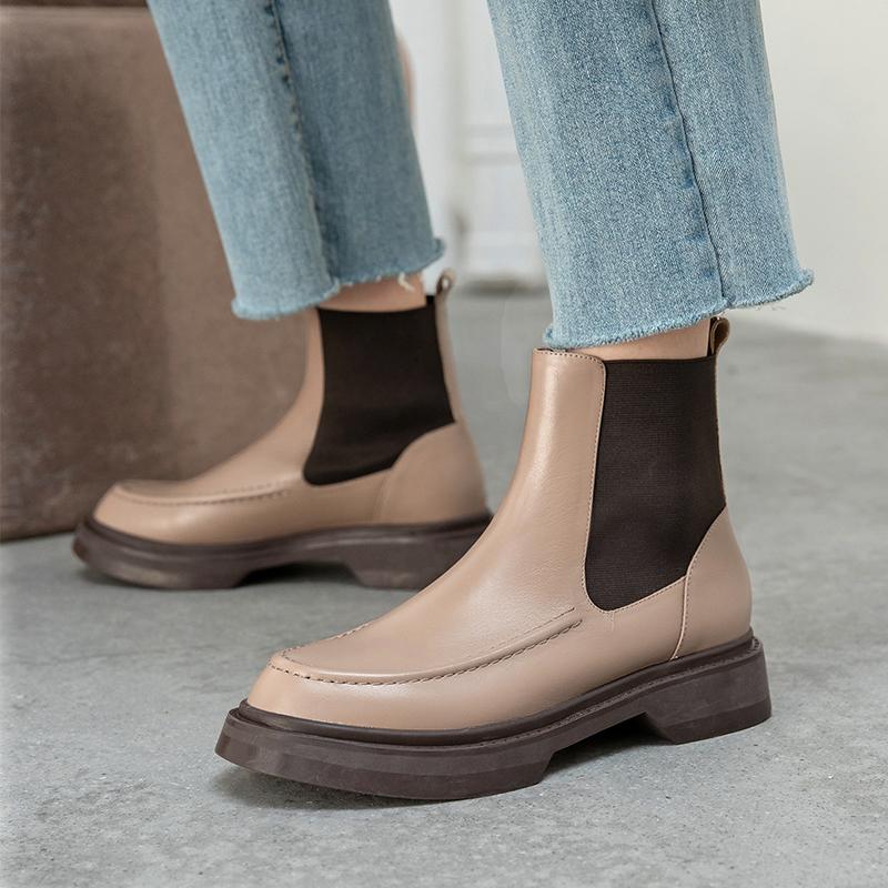 Fashion Hot Genuine Leather Women's Boots Retro British Style Slip-On Chelsea Boots Fashion Ankle Boots Round Toe Flat with Women Shoes
