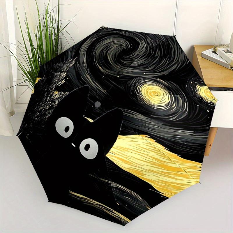 1pc Starry Night Cat Automatic Folding Exquisite Umbrella Portable Collapsible Design, 8-Rib Iron Frame, Durable Fabric, All-Season Casual O