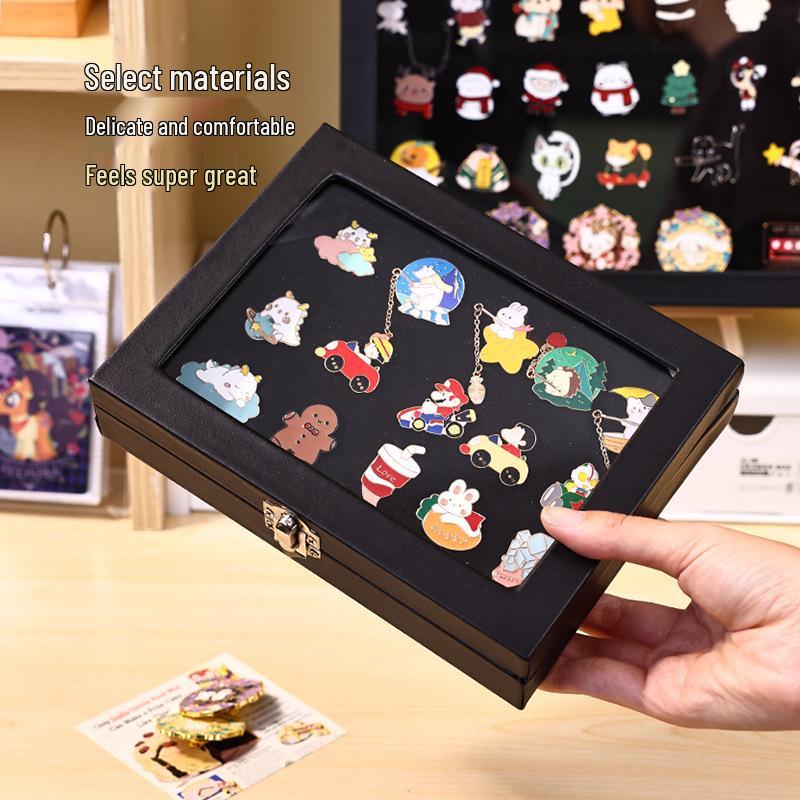 Commemorative Medal Storage Box with Brooch Lid, Ribbon, Display Stand, and Dustproof Felt