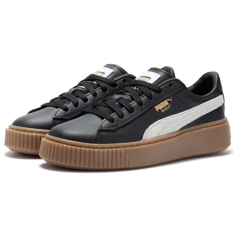 Puma Basket Platform Leder Runde Zehenpartie Schnürschuhe Low-Top Sneakers Damen-Sneakers Schwarz 394369-02