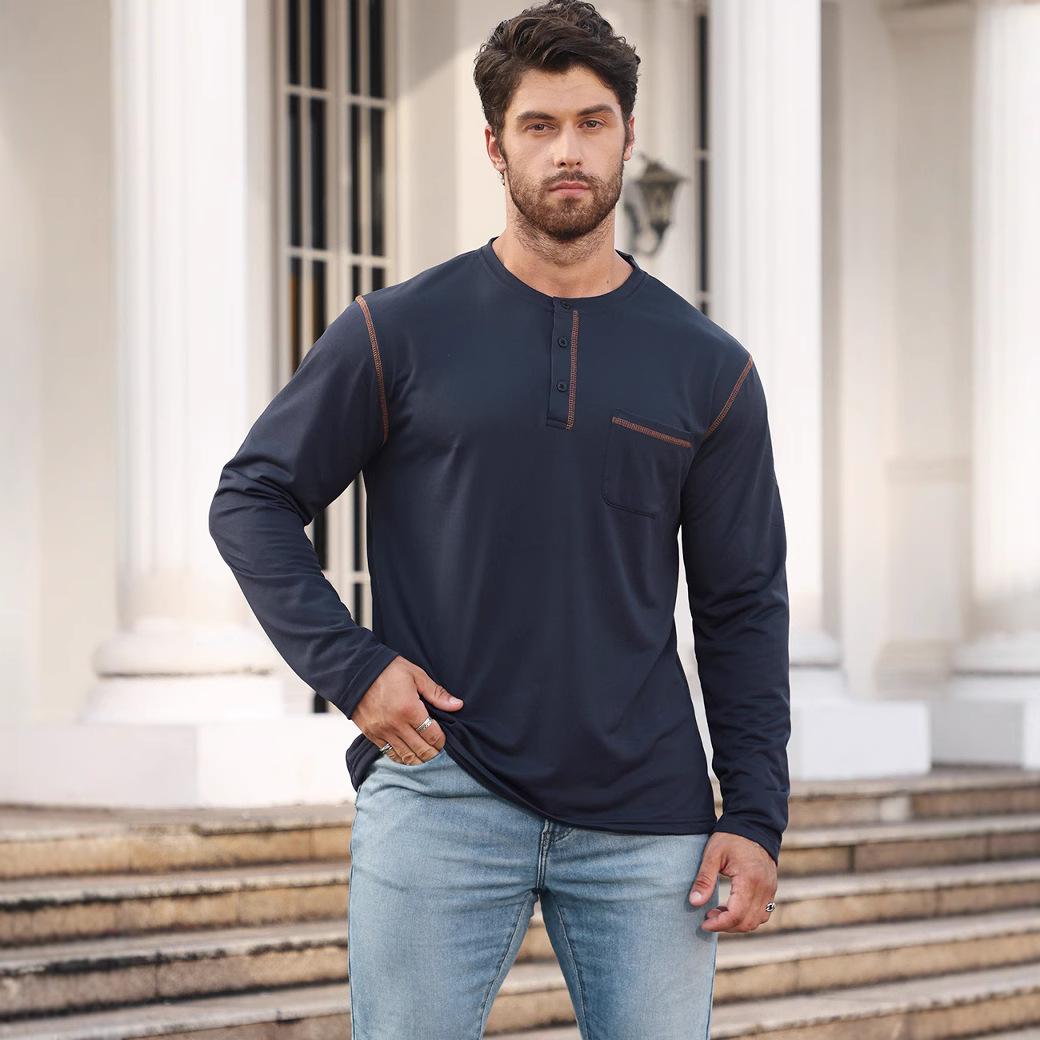 

Осень 2025 Топ, Свободный крой, Мужская рубашка поло со стойкой, Толстовка с длинным рукавом, Базовый топ, Деловой повседневный XXXL тёмно-синий