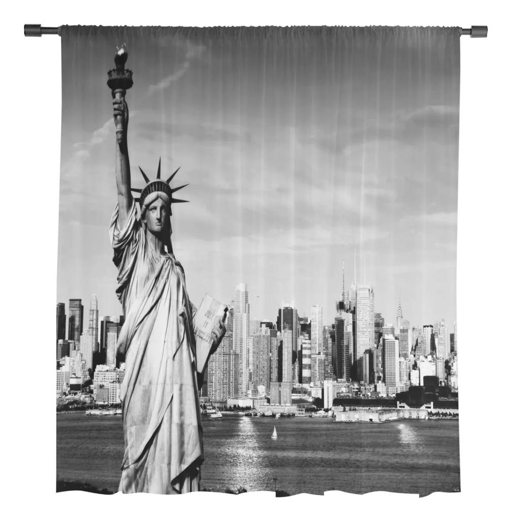 Statue Of Liberty Black White Tulle Window Curtains Living Room Organza Sheer Voile Curtain Bedroom Kitchen Home Decor Drape