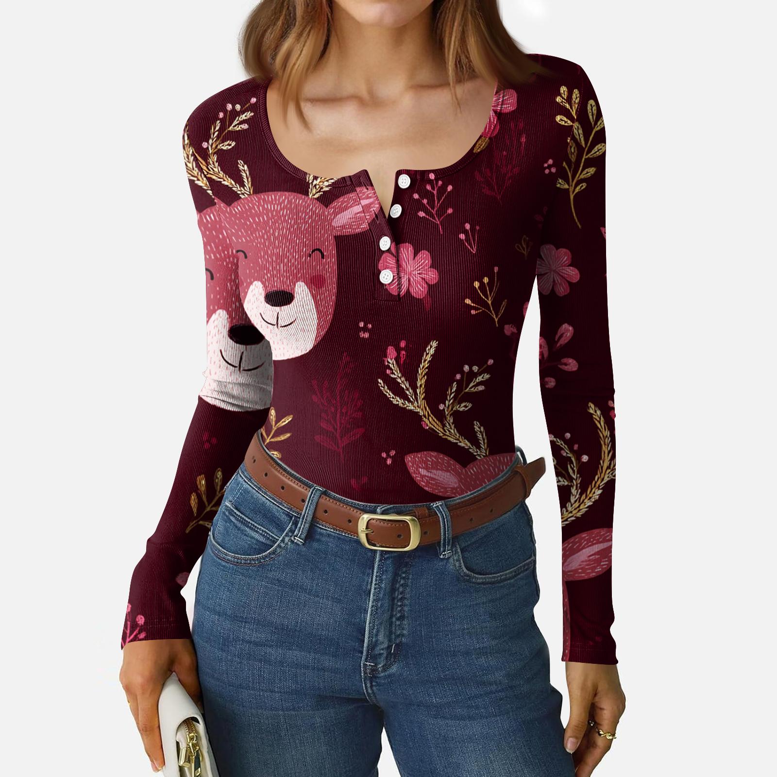 

Women s Casual Fashion Christmas Print Button Long Sleeve Top M