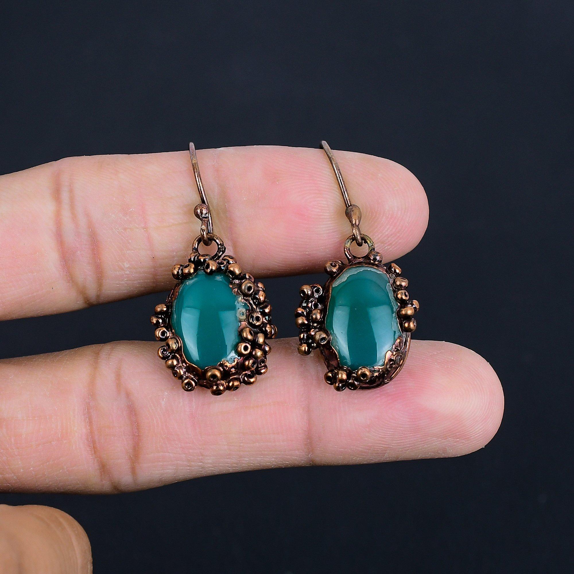 

Green Chalcedony Copper Electroformed Earrings, Handmade Gemstone Earrings Jewelry, Gifts For Wife Brand New Earrings 2.55 Inches