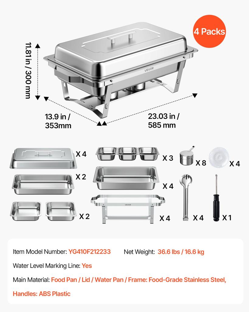 VEVOR 4 Packs Chafing Dishes for Buffet Set, 8.5L Stainless Steel Chafer, for Banquet Party Wedding, Rectangle Buffet Server Warmer