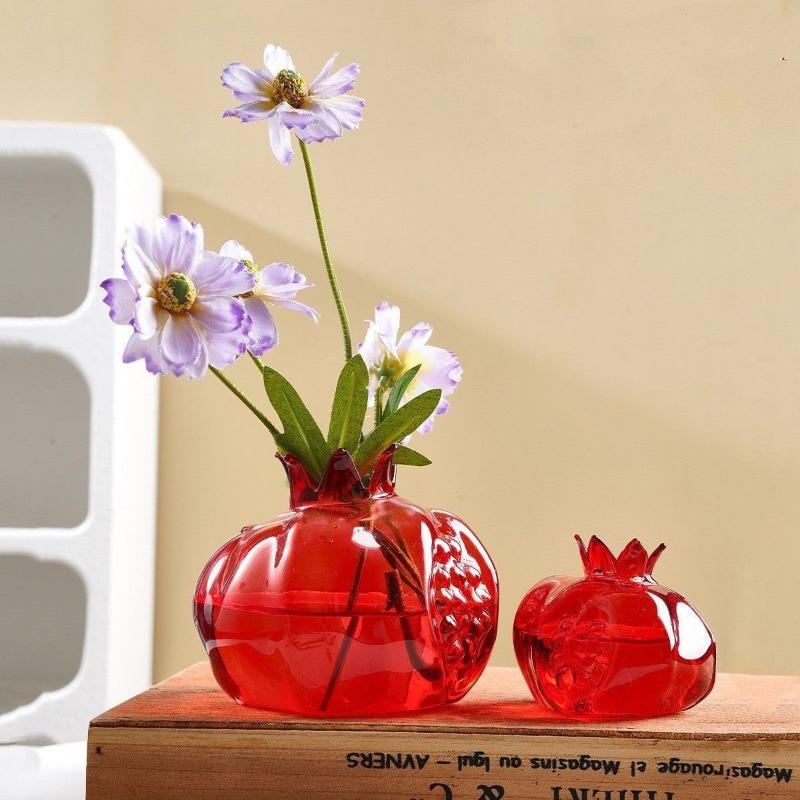Creative Red Glass Pomegranate Flower Dining Table Vase Table Top Ornament Hydroponic Plant Vase Flower Arrangement Container