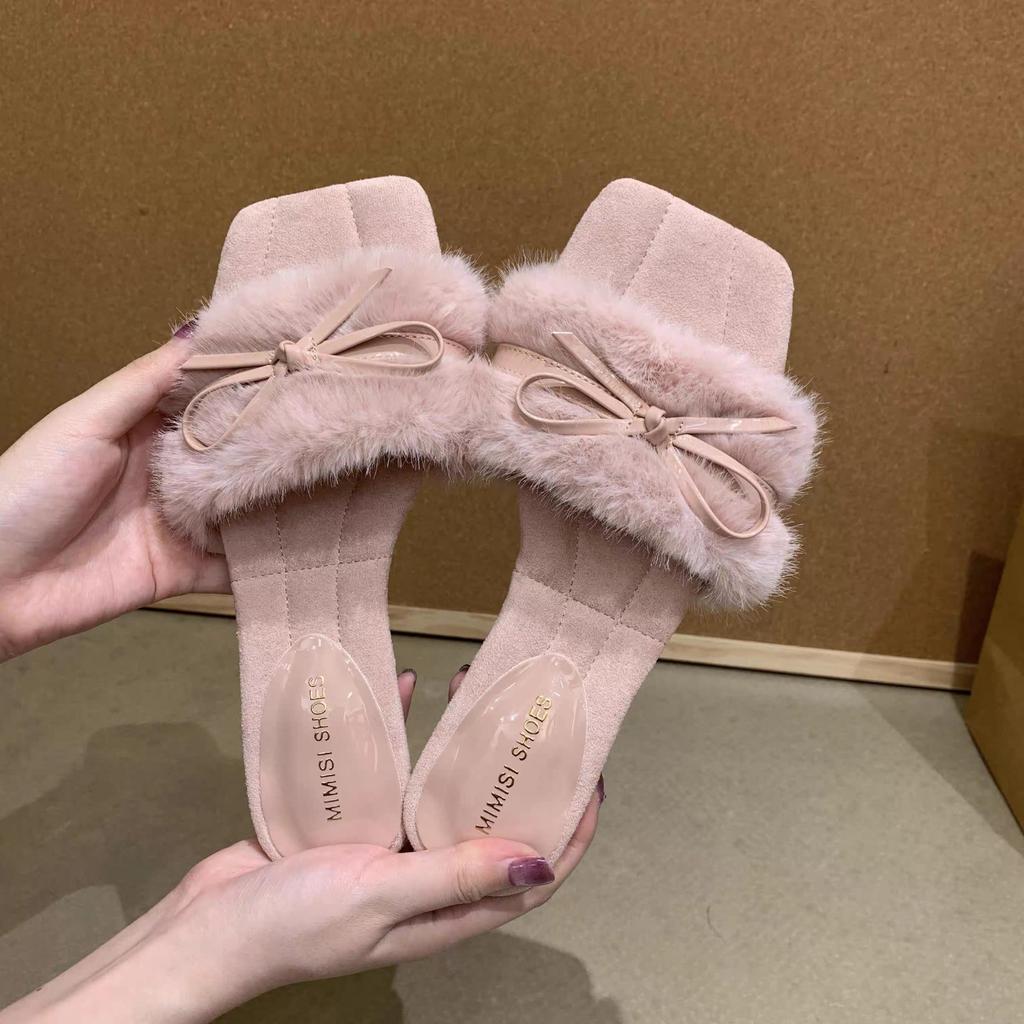 Women's Thi Bot Fur Slippers Indoor Outdoor Wear Autumn Winter Faionable Rabbit Fur Plu Slippers Casual