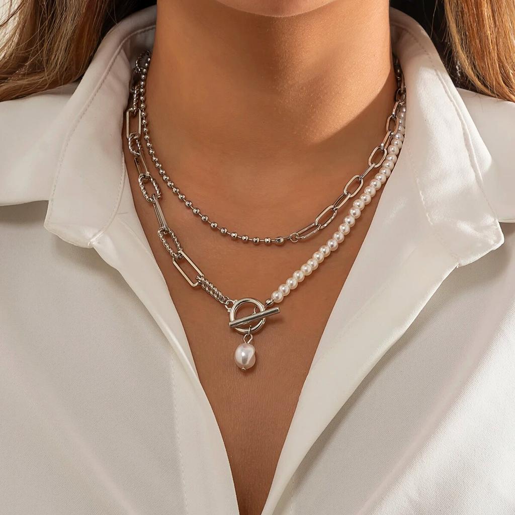 2Stk/Set Vintage Imitationsperlenkette Damen Mode Statement Goth OT Schnalle Anhänger Choker Schmuck Wed Zubehör