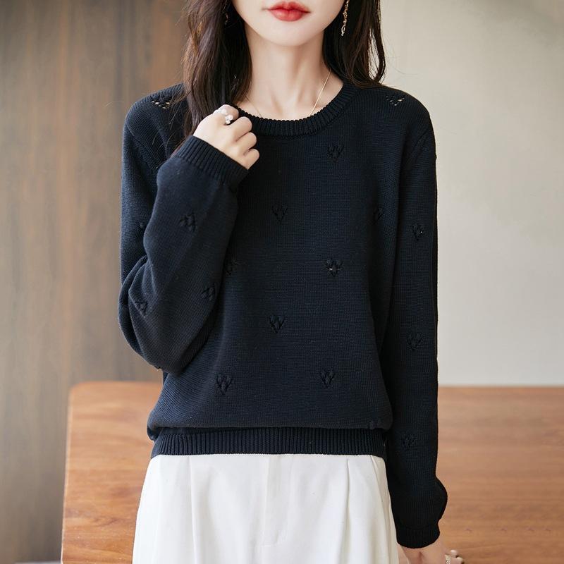 Neuer Herbst- und Winter-Rundhals-Strickpullover, Langärmliger gehäkelter Pullover mit Aushöhlungen, Basisschicht und Oberteil