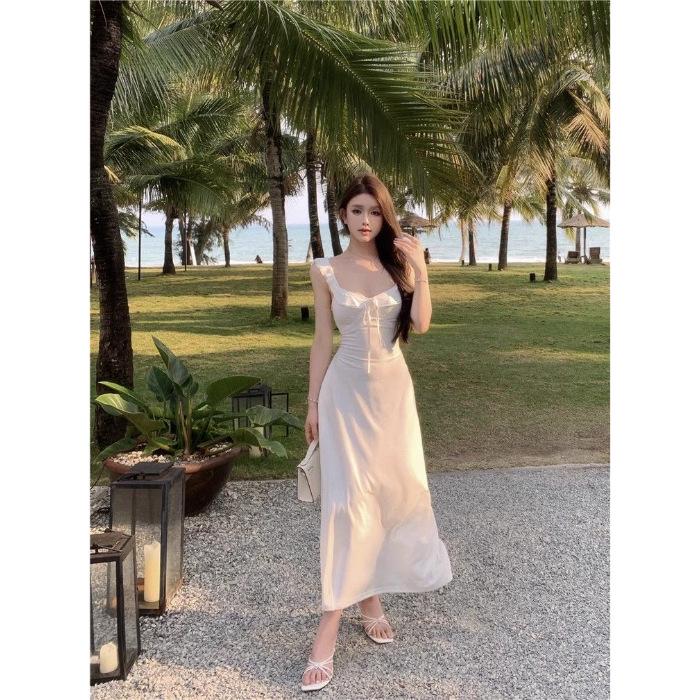 Elegant White Spaghetti Strap Backless Dress for Women - Summer 2026 Fairy Beach Photoshoot Long Dress