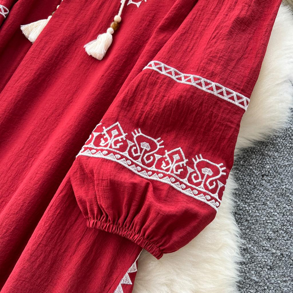Schickes Vintage Langarm Locker Schlank Elegant Fee Koreanische Mode Boho Sommerkleid Damenbekleidung Langes Kleid