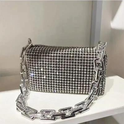 Tamamı Rhinestone Kova Çanta, Simli Zincirli Mezuniyet Balosu Cüzdanı, Kadın Mini Çapraz Askılı Çanta