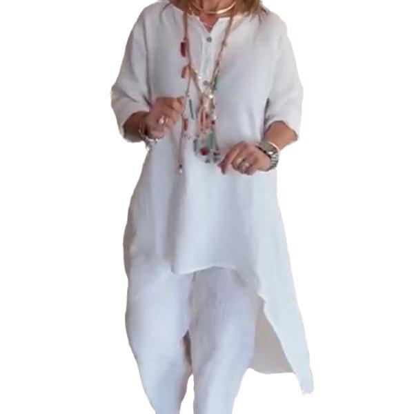 Women's Solid Color Casual Cotton Linen Long-Sleeved Summer Set