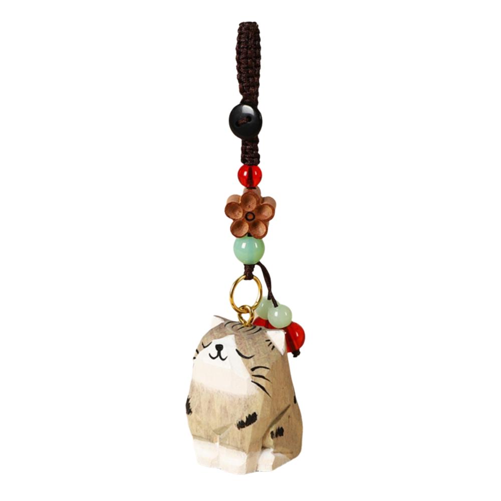 Weave Rope Wooden Carved Cat Keychain Beads Car Keyring Creative Wood Kitty Dolls Pendant  Students