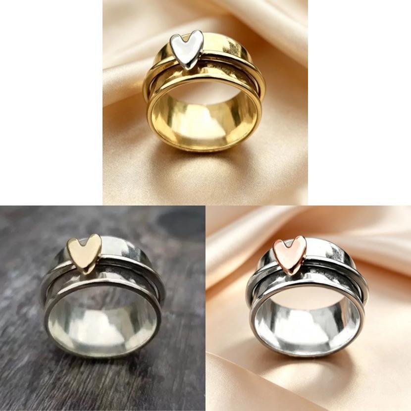 Bohemian Heart Shaped Ring With Rotating Pendant Retro Alloy Stylish Jewelry For Women And Men