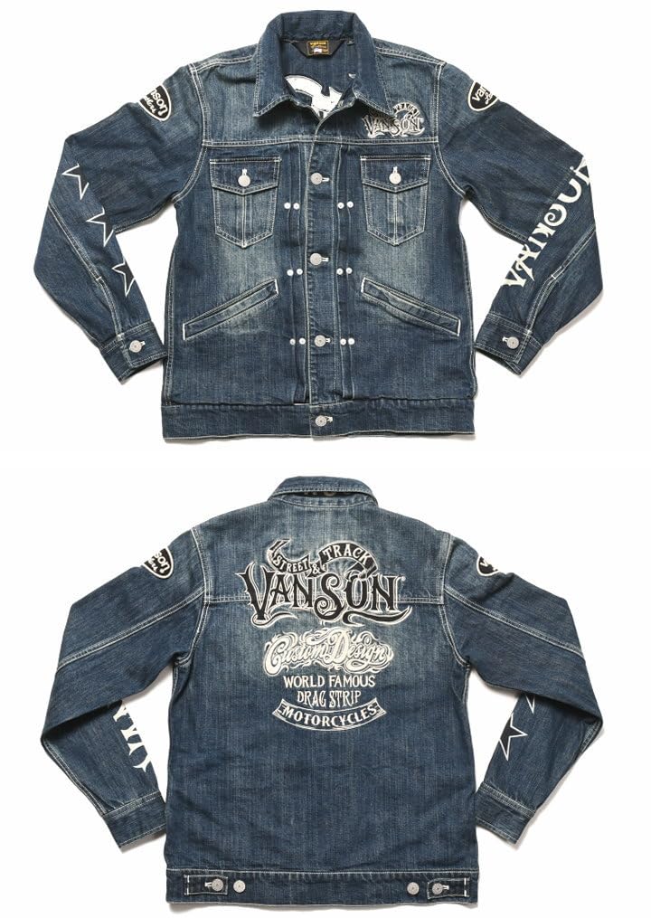 Our jeans Custom Design Logo Embroidery Patch Denim Jacket Distressed Indigo [Banson] store's custom-made & JFV-2302-INDIGO (S, (A))