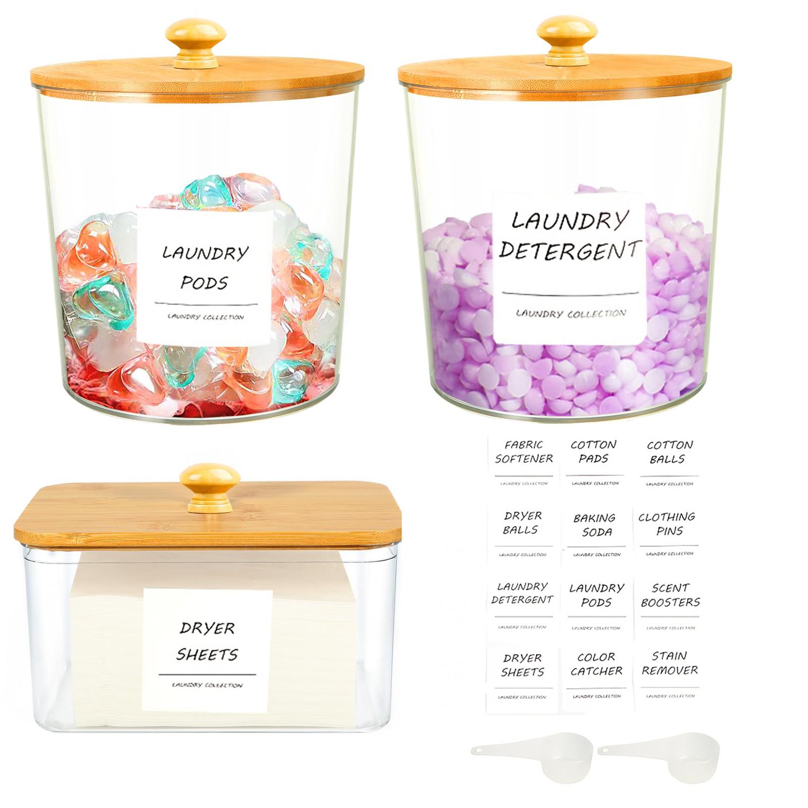 

3 упаковки акриловых контейнеров для стирального порошка и держателя для листов для сушки с крышками, этикетками и совками - органайзер для стирального порошка и хранения чистый