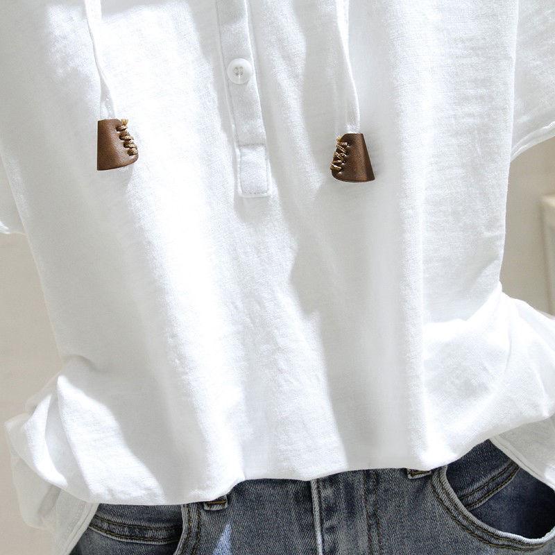 Cotton Hooded Short-Sleeve Women's T-Shirt - Spring/Summer 2025, Loose Fit, Slim, All-Match Pullover, Korean Style.