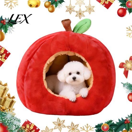 Weihnachtsgeschenk für Haustierbesitzer Apfelförmiges Katzenhöhlenbett, Plüsch-Versteck mit abnehmbarem Kissen, Warmes Neujahrs-Dekorationsbett, Gemütlich für kleine Hunde